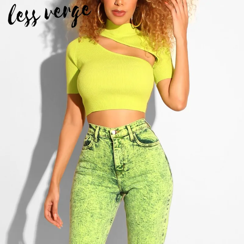 Lessverge открытая флуоресцентная Сексуальная футболка для женщин с коротким