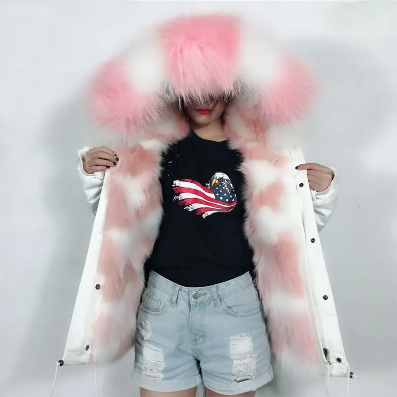 Женская короткая парка с мехом лисы розовая или белая меховая куртка для зимы