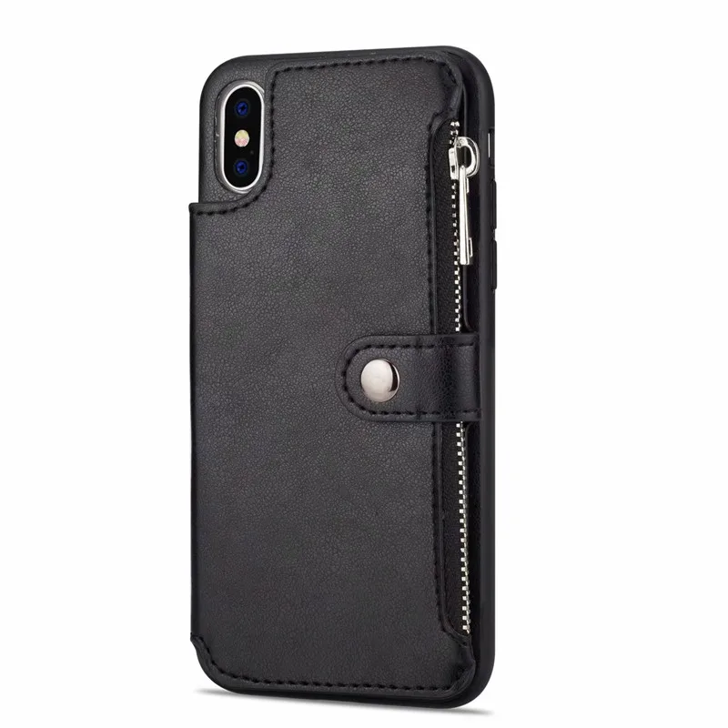 Чехол-книжка с бумажником из искусственной кожи на молнии для iPhone XS Max XR X 6 6S 7 8 Plus с отделением для карт и подставкой для samsung Note 8 9 S8 S9 Plus - Цвет: Black