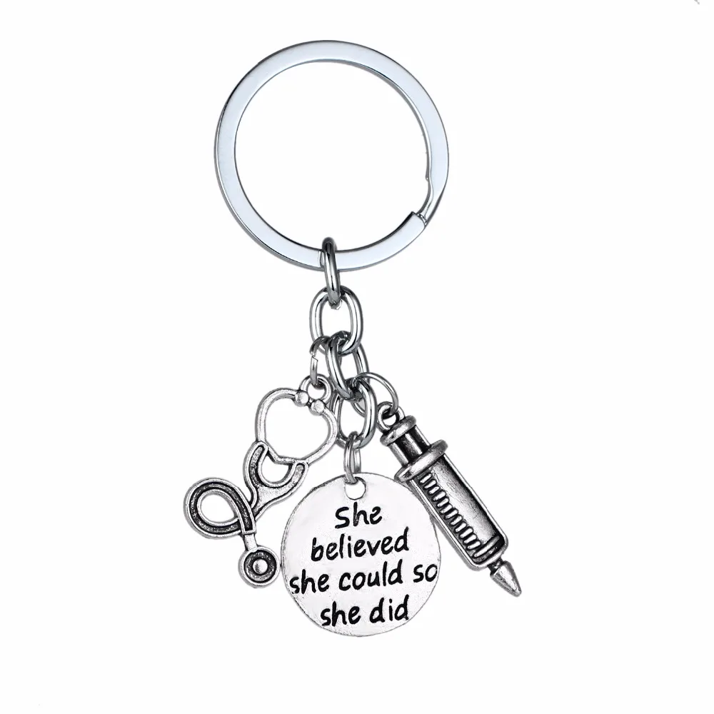 

12PC/Lot She Believed She Could So She Did Stethoscope Syringe Charms Keychain For Doctor Nurse Physicians Medical Keyring Gifts