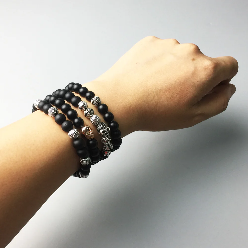 Браслет из черного серебра с бусинами обсидиана Ювелирное Украшение в стиле панк