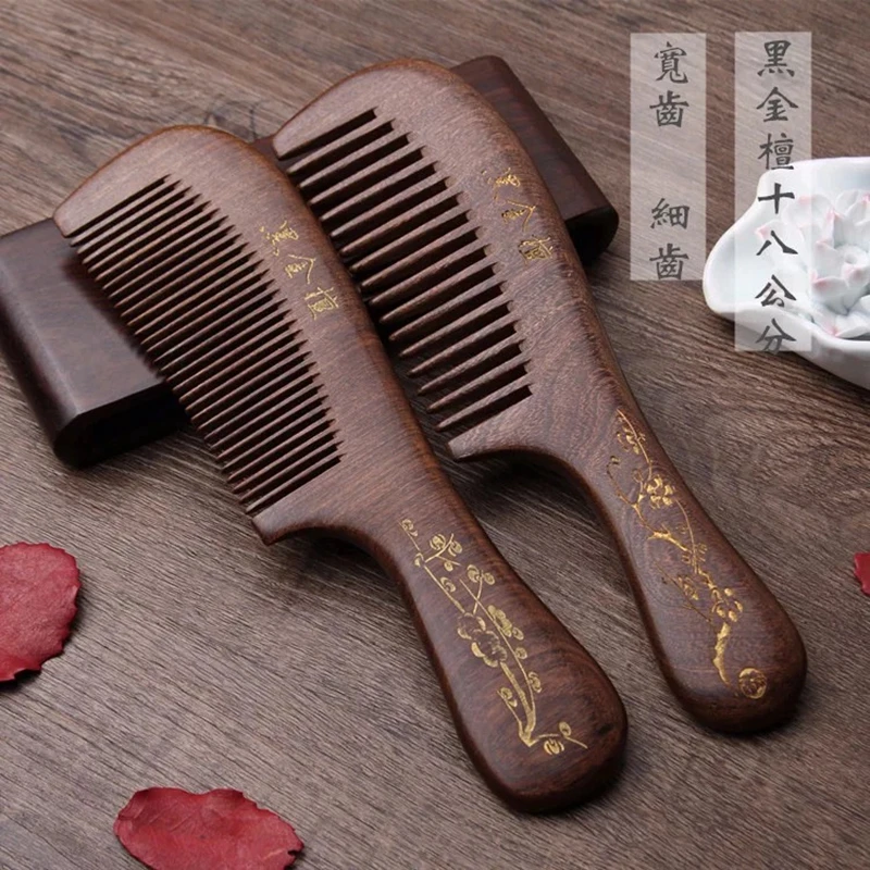 

2pcs anti-statie non tangled hair 18cm nature vintage black sandalwood wide tooth and fine tooth hair comb set nature sandal