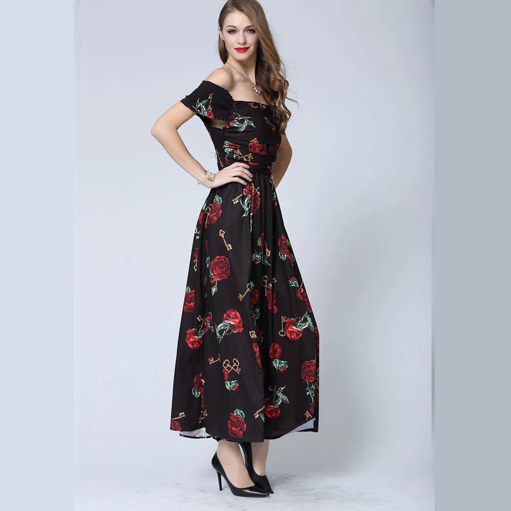 Европейское платье с розами и цветочным узором элегантное открытыми плечами