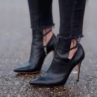 sexy black leather pointed toe strapy buckle high heel pumps cut out thin heels women shoes chic gladiator ankle boots for women