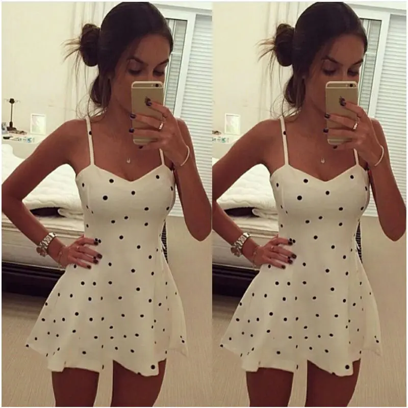 Женское сексуальное мини платье без рукавов летнее пляжное в горошек для