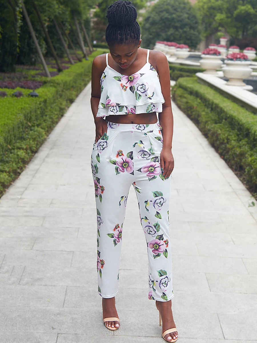 Для женщин 2018 г. Летние Стильные Suitset воланами Спагетти ремень цветочный