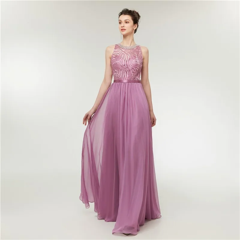 Vivian's Bridal 2018 Сетчатое розовое длинное вечернее платье с бисером и круглым