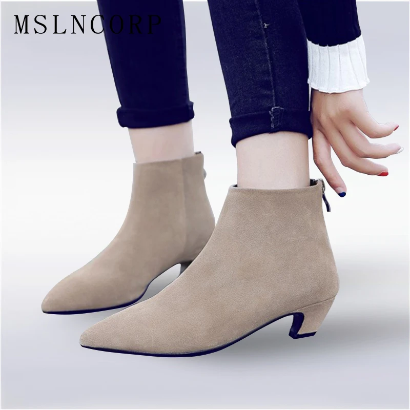 

Size 34-43 Spring Autumn Women Nubuck Genuine Leather ankle Boots Ladies Low Heels Fashion pointed toe Martin Boots Casual Shoes