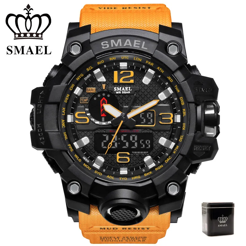 orange SMAEL бренд G стиль спортивные часы для мужчин светодиодный цифровые часы водонепроницаемые военные наручные часы для мужчин s 1545 часы в металлической коробке reloj hombre - Цвет: orange
