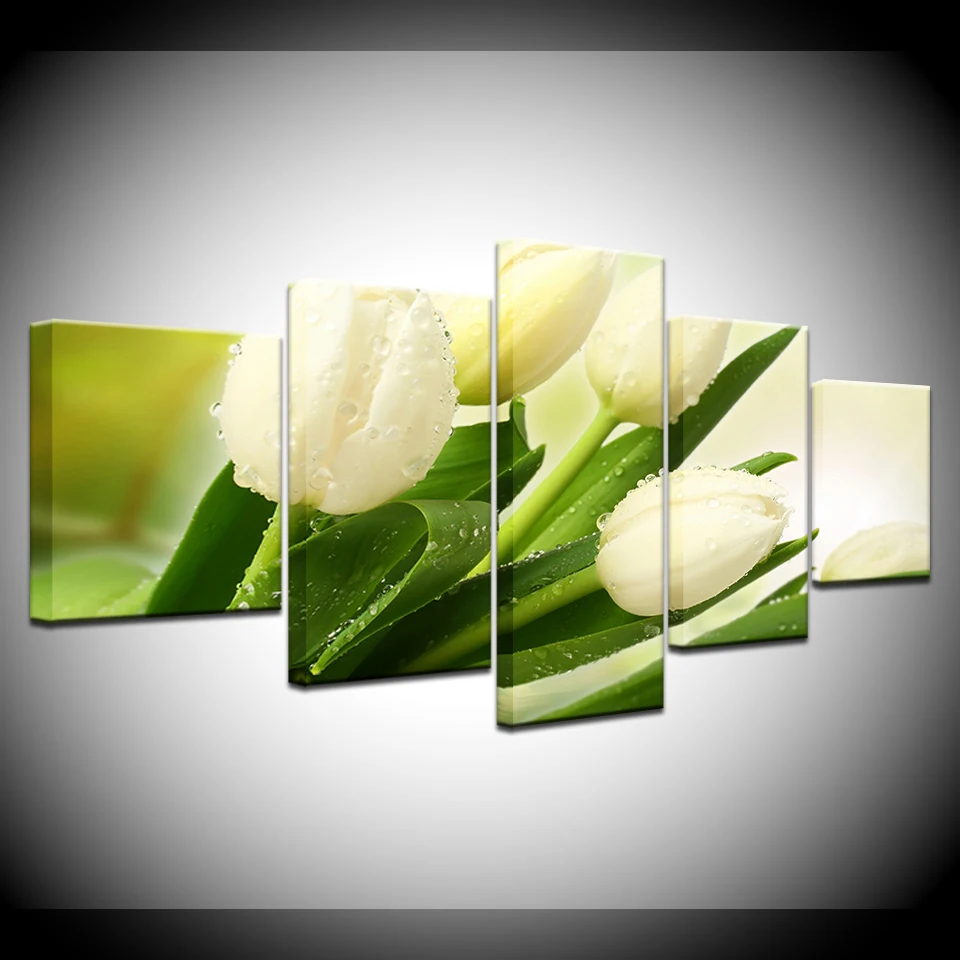 

Canvas Paintings Modular Home Decor Framework HD Prints Pictures 5 Pieces White Tulips Flowers Posters For Living Room Wall Art