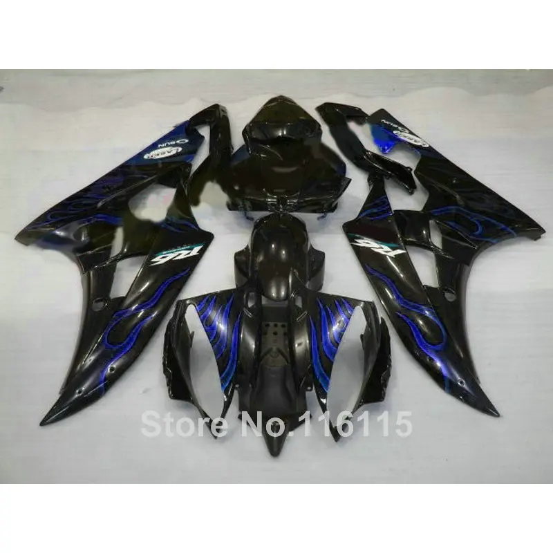 Литье под давлением ABS обтекатель комплект для YAMAHA YZF R6 2006 2007 Синий Пламя в черном
