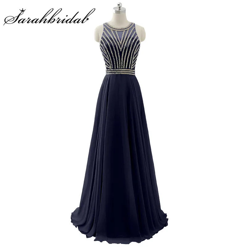 navy blue Длинные вечерние платья цвета морской волны, дешево,, реальные фотографии, Украшенные бусинами и жемчужинами, вечерние платья трапециевидной формы для выпускного вечера, шифоновые платья длиной до пола LX411 - Цвет: navy blue