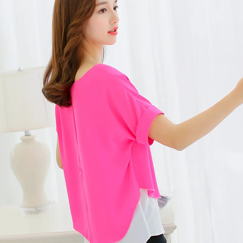 2017 Новая мода сезон: весна–лето круглым вырезом короткий рукав шифон Рубашки для