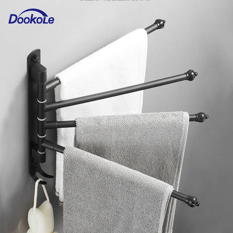 

Bathroom Swivel Towel Bar with Hooks, Wall Mounted Swivel Arm Towel Rack Stainless Steel Black Towel Rail Holder with 4 Arms