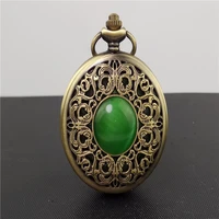 vintage bronze imitation emerald gem pocket watch hollow men women quartz pocket watch necklace pendant gift