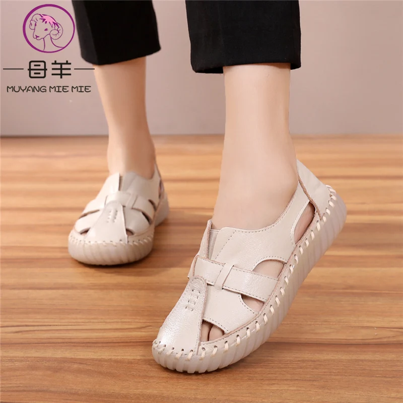 

Сандалии MUYANG женские из натуральной кожи, мягкая летняя повседневная обувь на плоской подошве, ручная работа, большие размеры 35-43, 2019