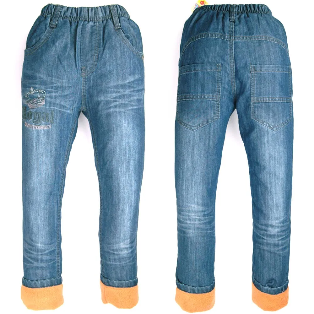 

Winter 6-8Y Boys Denim Fleece Warm Trousers Child Embroidery 110-130 Kid Velvet Teen Sport Jeans Jogging Slacks MH9005