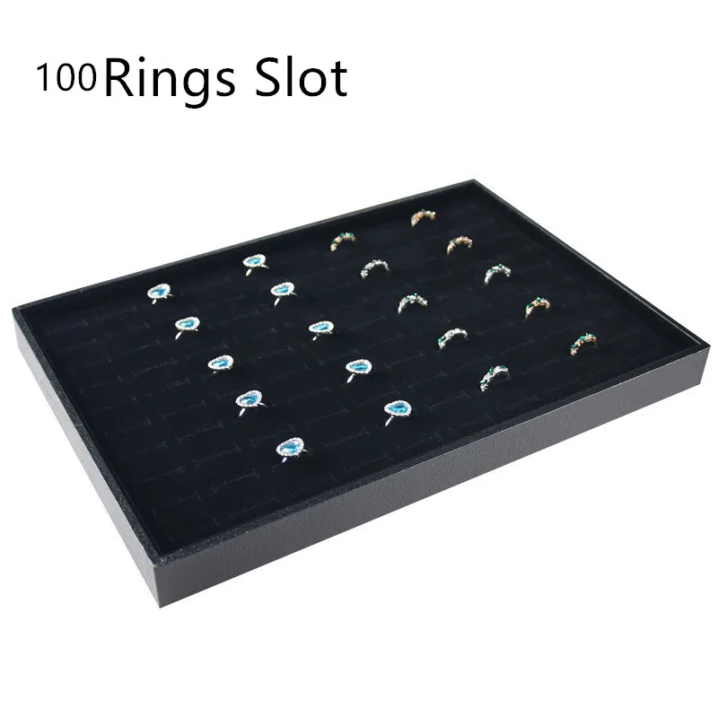 100slots Rings Tray Черный бархат кольцо браслет ожерелье часы кулон, серьги с подвеской ручной ювелирные изделия лоток пластина Витрина Дисплей Держатель - Цвет: 100slots Rings Tray