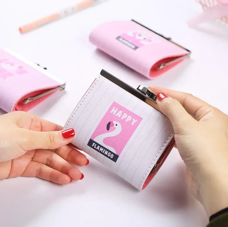

1 Pcs Cartoon Women PU Wallet Animal Flamingo Pattern Lock Coin Purse Card Bag Key Change Case Wallet Stationery Card Holders