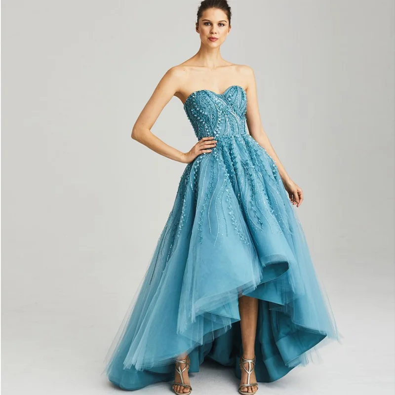 Довольно Синий Высокий Низкий Вечерние Платья Вышивка Бисероплетение Пром Милая
