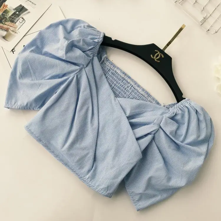 ALPHALMODA летние женские эластичные укороченные топы с рукавами-фонариками плиссированные женские зауженные модные летние топы