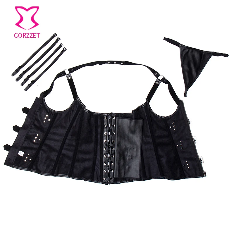 Черный корсет без бретелек из искусственной кожи в стиле панк соблазнительные