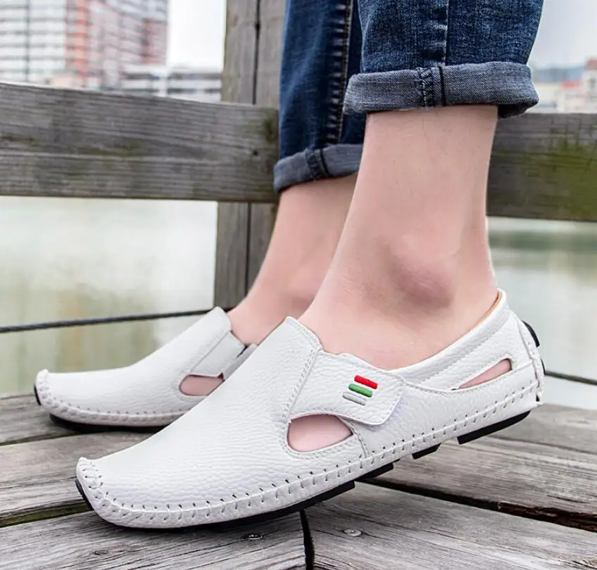 

Men sandals Driving Shoes Plus Size 39-47 Casual Slip-on Summer Shoes Split Leather Soft bottom handmade sandals zapatos hombre