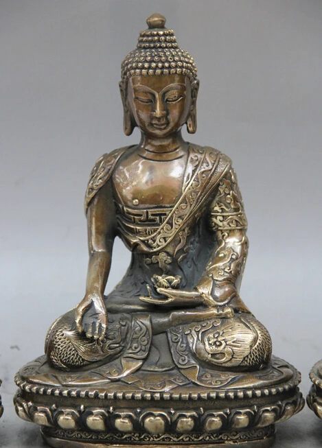 9 &quotТибет Медь Шакьямуни Амитабха дракон халат западные 3 статуя Будды набор r0710