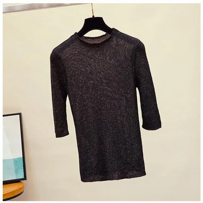 

Thin Pullovers Women 2019 Summer Knitting Tops Femme Pull Pink Black Shirts Knitted Tops O-neck Half Sleeve Clothing Knitwear