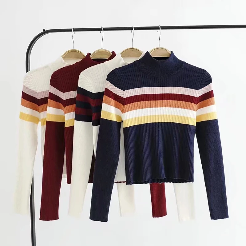 

Autumn Women Slim Bottoming Turtleneck Striped Pullover Knitted Sweater