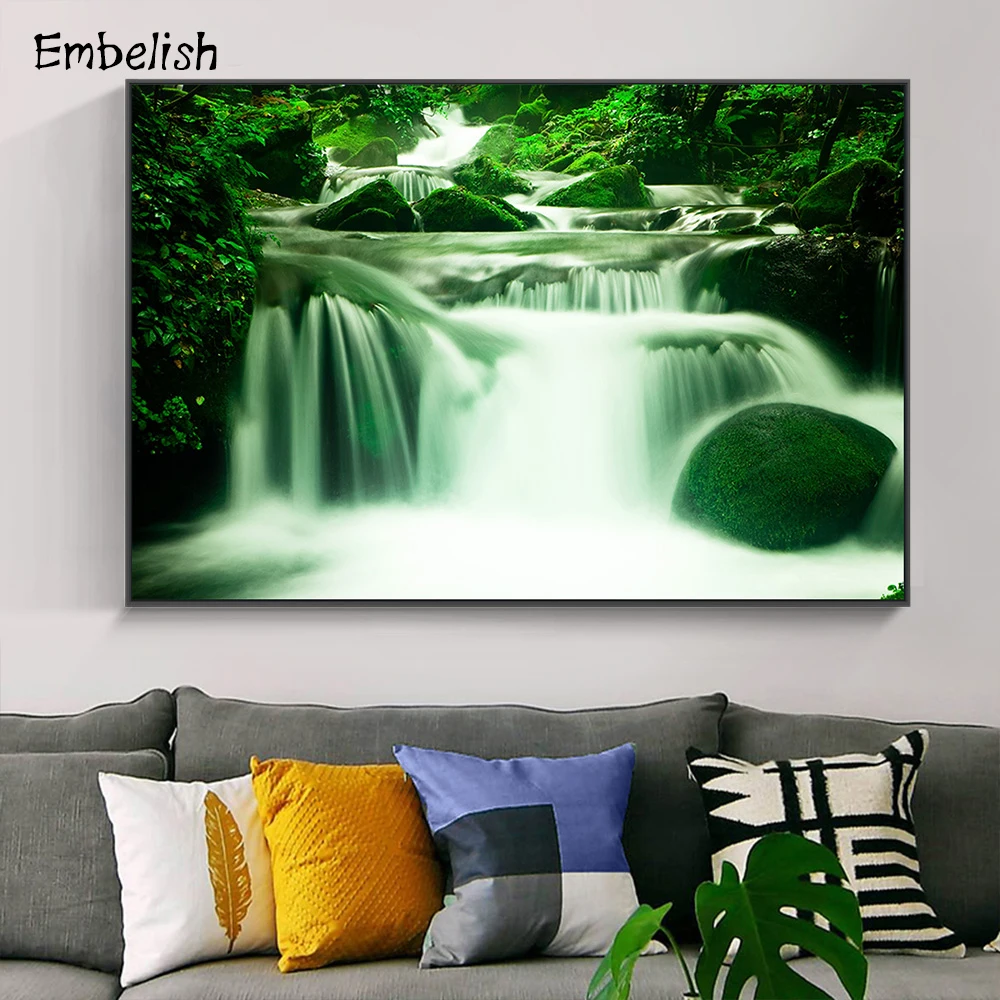

Embelish 1 Pieces Green Stones Waterfall Landscape Wall Art Pictures For Living Room Home Decor HD Canvas Paintings Bedroom