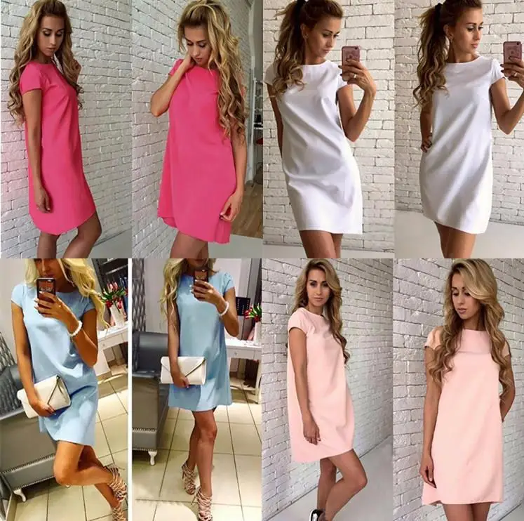 Летнее женское однотонное платье с коротким рукавом и круглым вырезом|neck dress|summer