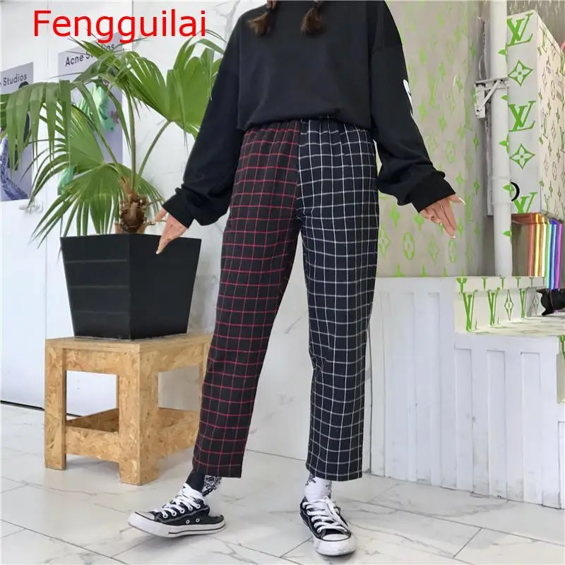 

Unisex Pants 2020 Autumn Winter High Waist Pants Vintage Plaid Patchwork Pants Women Men Trousers Elastics Casual Straight Pant