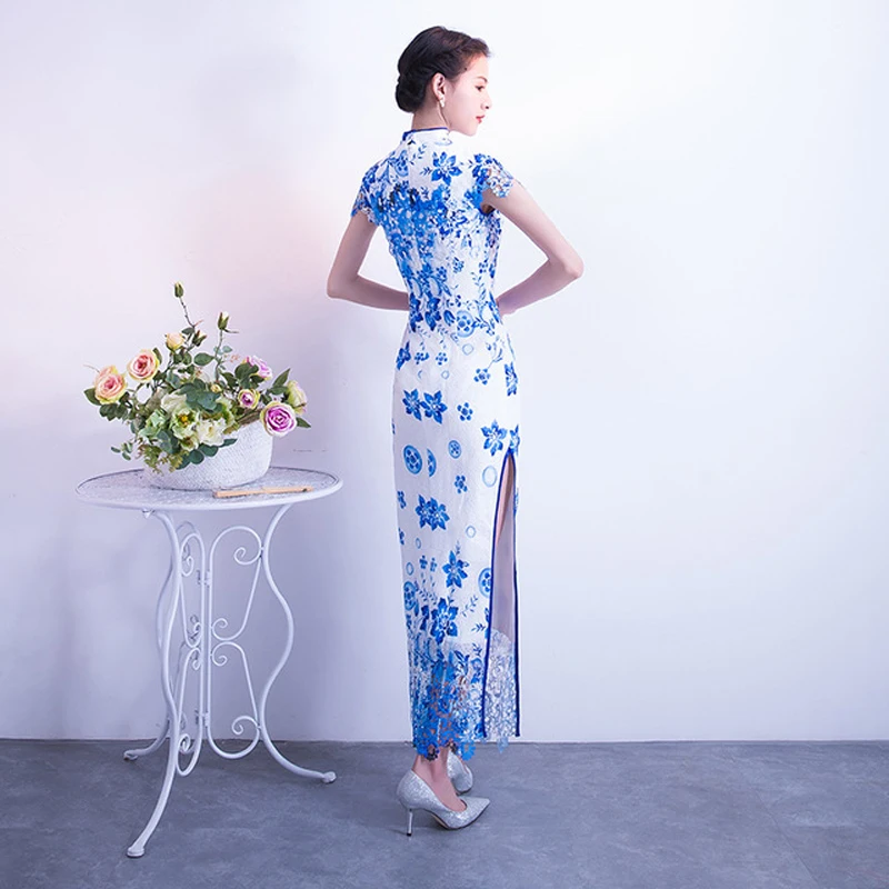 Синий белый фарфоровый чеонгсам сексуальное Qipao длинное модное раздельное