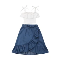 pudcoco toddler children solid summer suit clothing fashion cute baby girl lace sling topruffle denim skirts outfits holiday