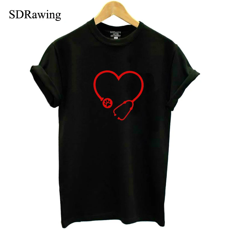 Футболка ветеринарная с принтом лапы в форме сердца модный топ круглым вырезом