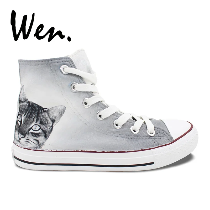 

Wen Design Original Hand Painted Canvas Shoes Shorthair Cat Customized Women Men Grey High Top Clause Sneakers for Adults Gifts