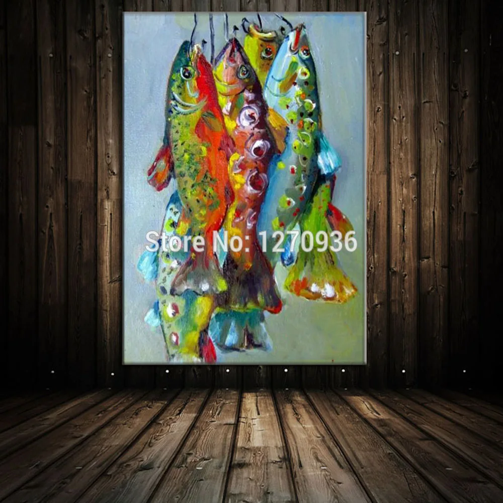 Handmade Beautiful Bright Colored Skinny Fish Oil Painting Decoration Hand-painted Four Fishes handing on the Blanches | Дом и сад