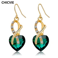 chicvie gold color green earrings with stones for women aaa cubic zirconia crystal heart earrings fashion jewelry pendientes