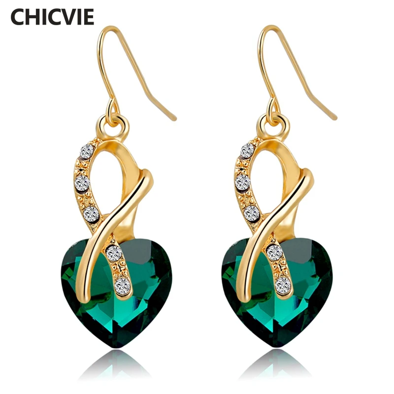 CHICVIE Gold Color Green Earrings With Stones for Women AAA Cubic Zirconia Crystal Heart Fashion Jewelry Pendientes | Украшения и