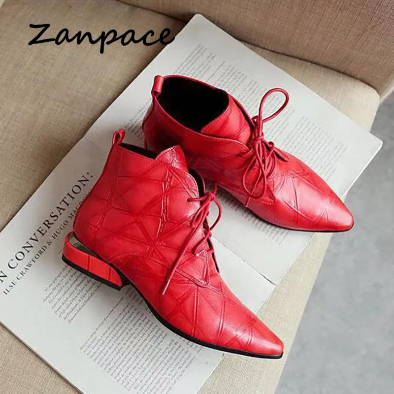 Zanpace/женские ботинки; Модные женские ботильоны с острым носком; женская обувь на шнуровке; кожаные ботинки на низком каблуке; повседневные ботинки черного и красного цвета