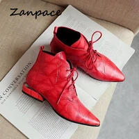 zanpace women boots fashion ankle boots for women pointed toe lace up womens shoes low heel leather boots casual black red boots