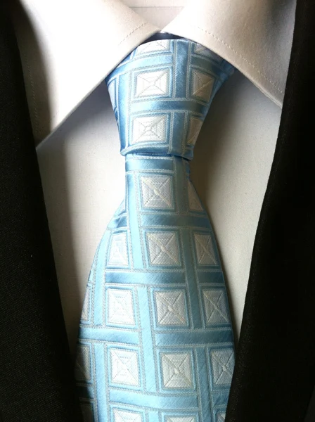 Новый мужской тканый галстук небесно-голубой геометрический с белыми пледами