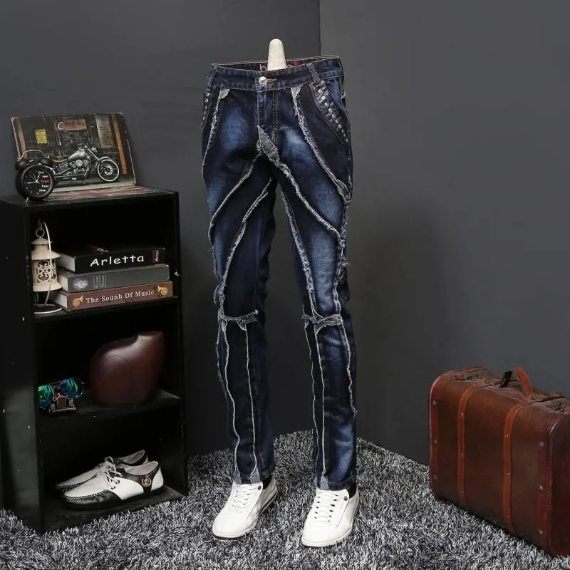 blue Бренд лоскутное мужские джинсовые штаны уличная классический синий мода Slim Fit Мужской проблемных потертые в стиле панк прямые джинсы - Цвет: blue