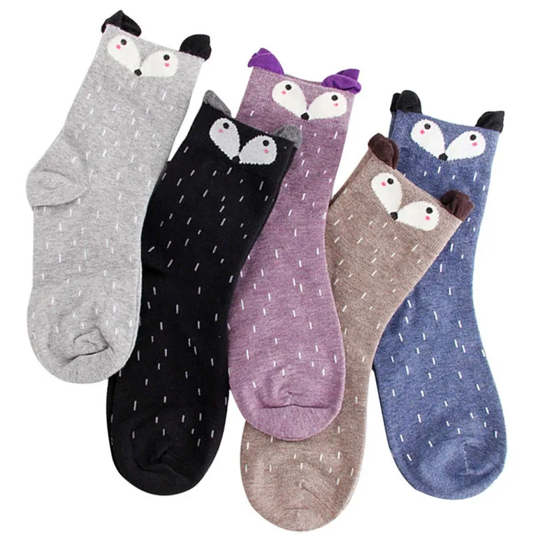 

6 Pairs Women Short Socks Cute Girls Korean Sock Jacquard Snow Dots Three-dimensional Fox Art Cotton Socks Autumn Winter Meias