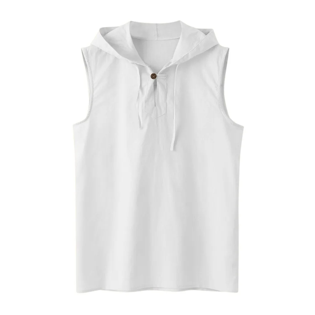 Men's Baggy Cotton Linen Solid Button Beach Sleeveless Hooded Shirt Tank Tops