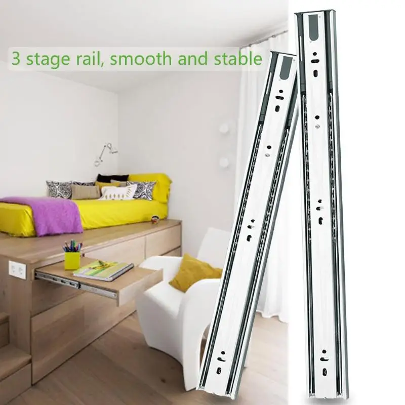 2pcs 3 Stage Smooth Mute Drawer Track Slide Guide Rail Furniture Fittings