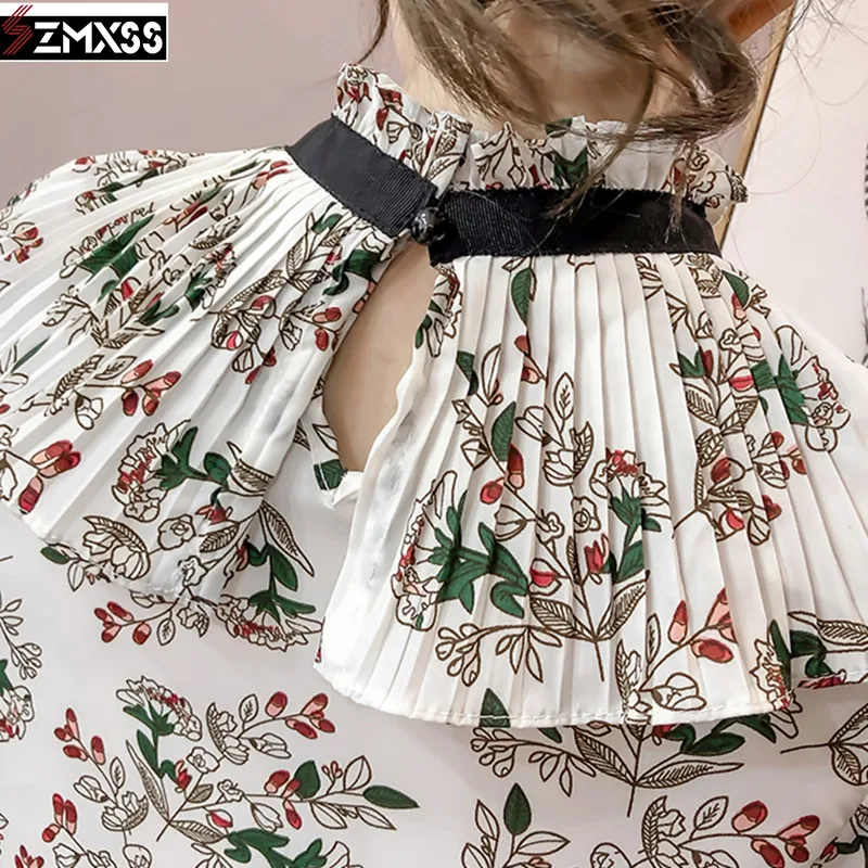 2018 Стенд воротник с длинными рукавами оборками шифоновая рубашка расклешенными