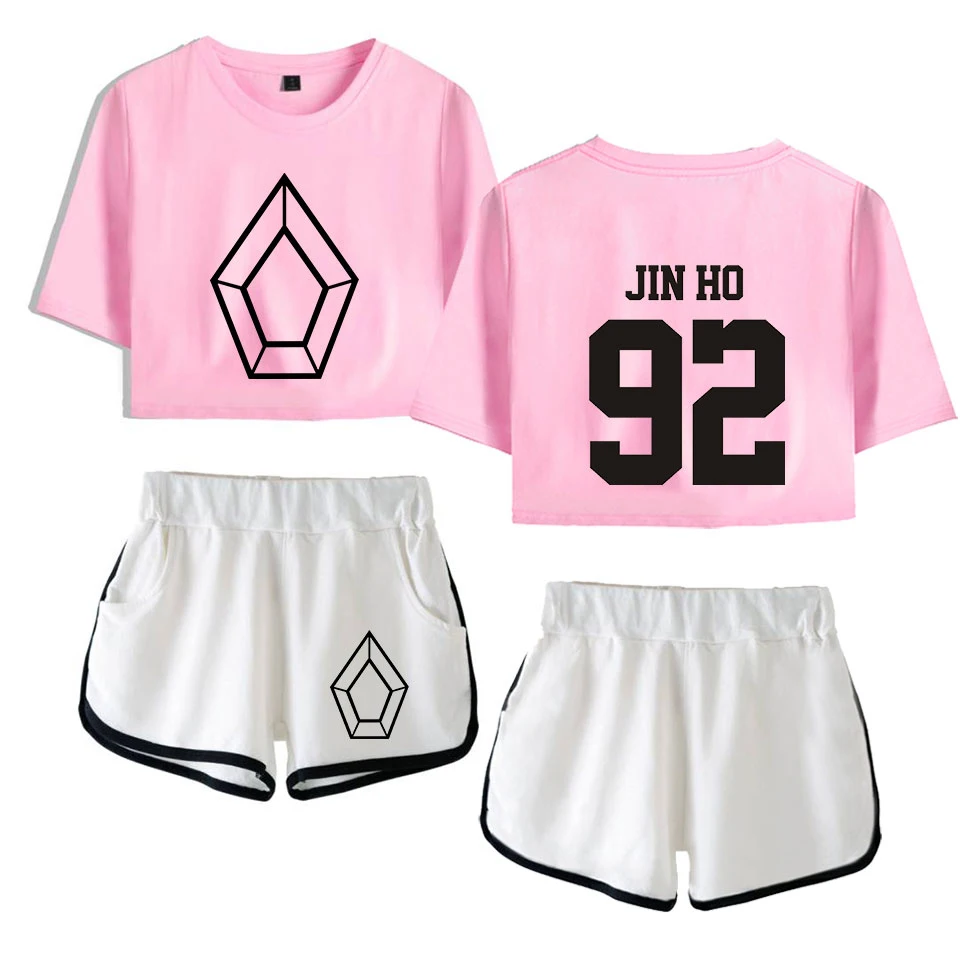 

Hot Arrive Pentagon Exposed Navel pink t shirt+white shorts women's two-piece sets Fashion Summer casual girl's two-piece sets