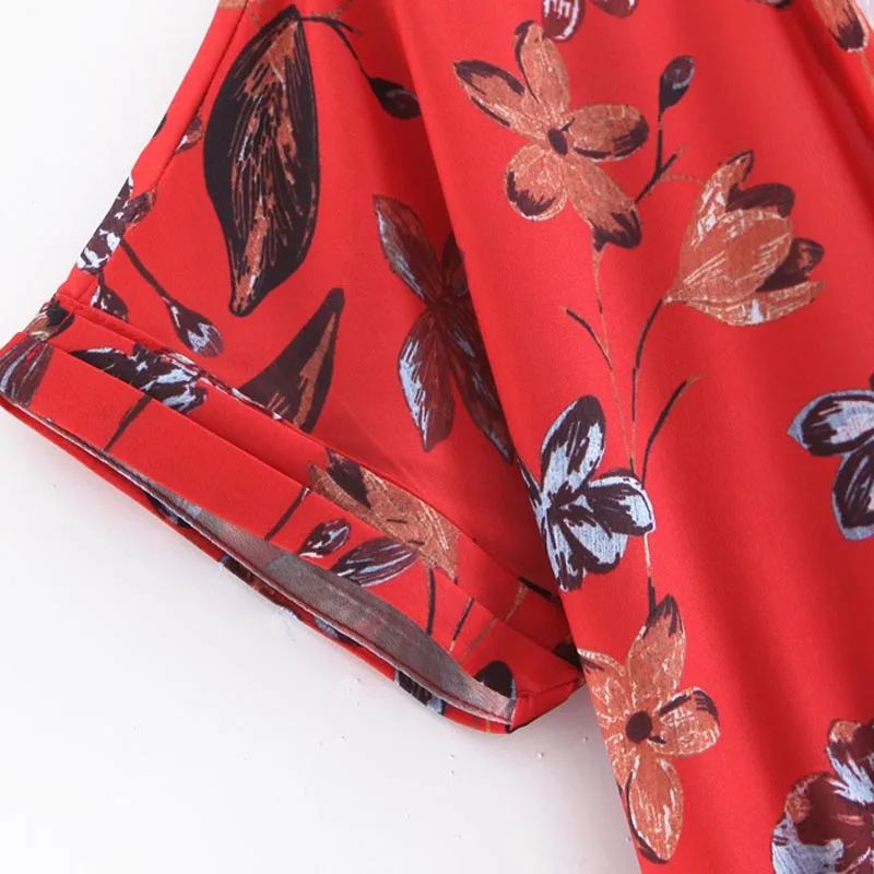 KZ208 Women's Red Color Floral Print V Neck Buckle Belt Deco Slim Waist Jumpsuit Chic | Женская одежда